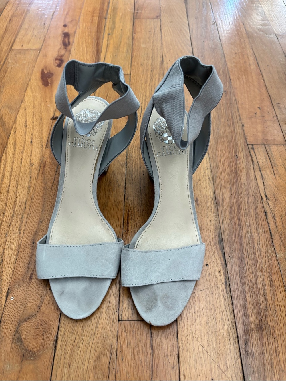 Vince Camuto Light Gray Suede Open-Toe Ankle-Strap Heels